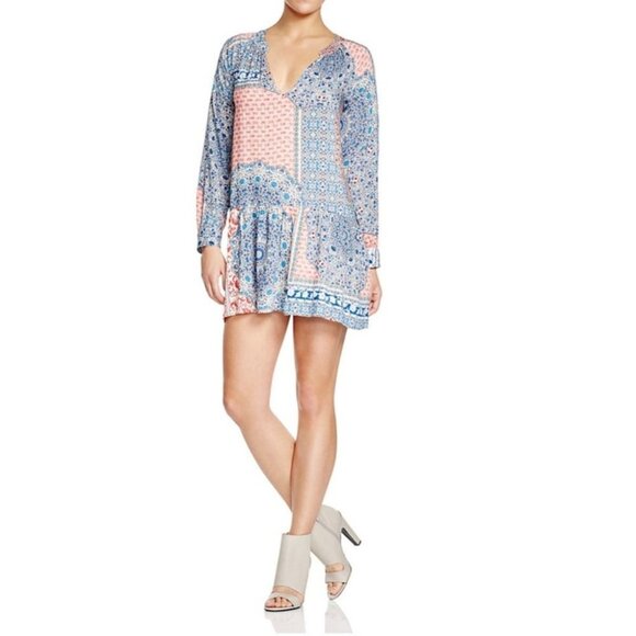 Sanctuary Bohemian Patchwork Print Blue Pink Long Sleeve Shift Dress Festival XS - Picture 3 of 13